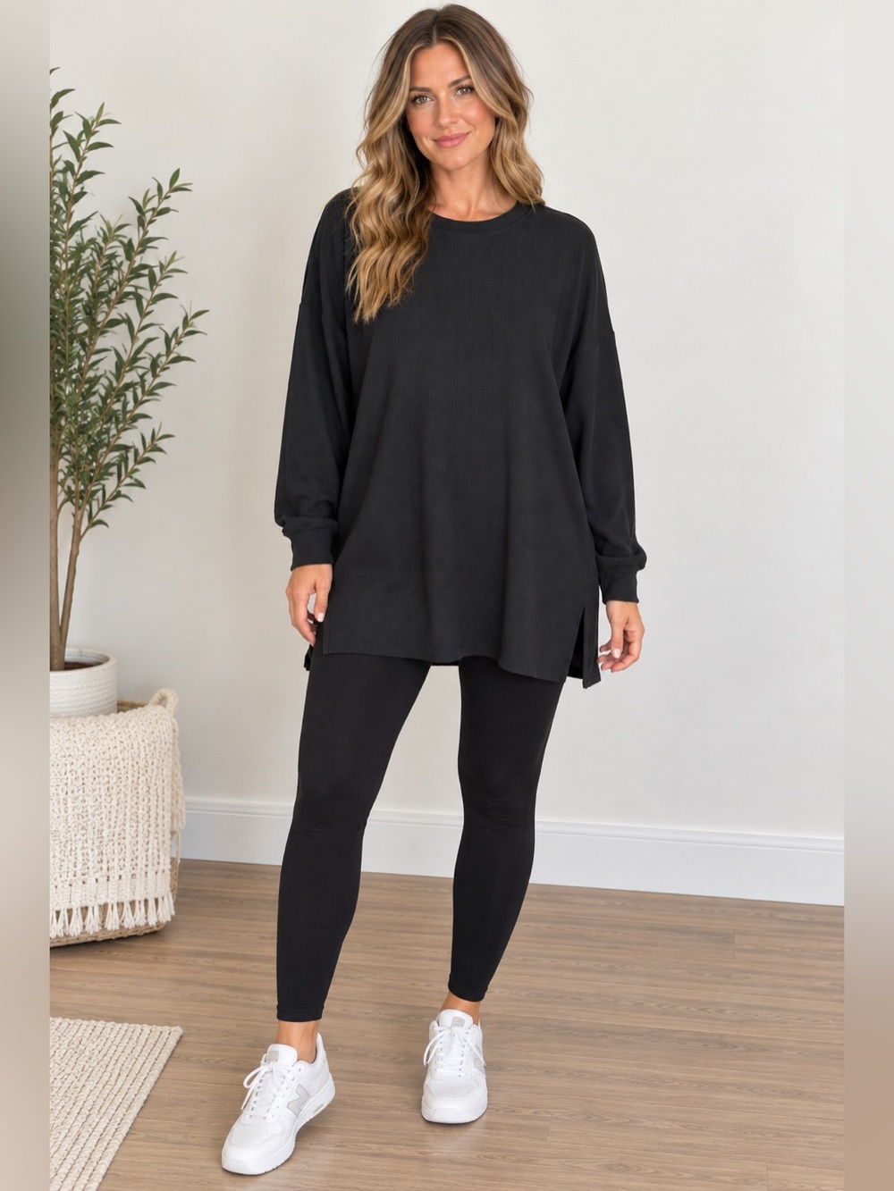 Victoria’s Secret Black Waffle Knit Oversized Tunic Pullover Top L